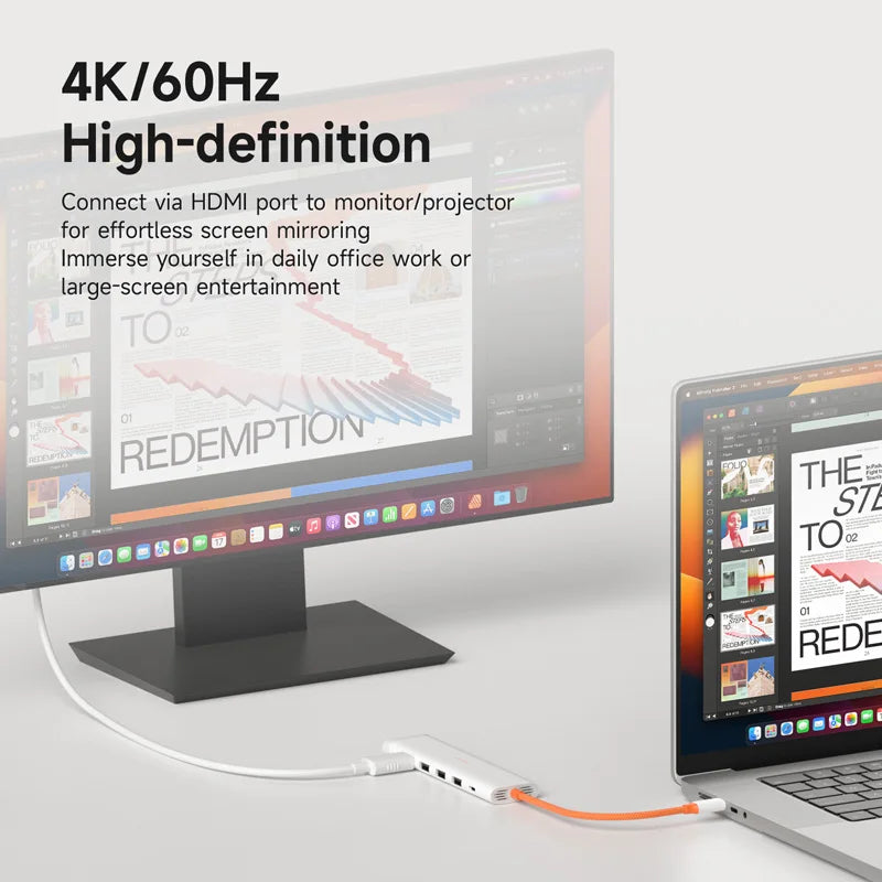 HDMI cable connecting a monitor and laptop with text about 4K/60Hz high-definition display.