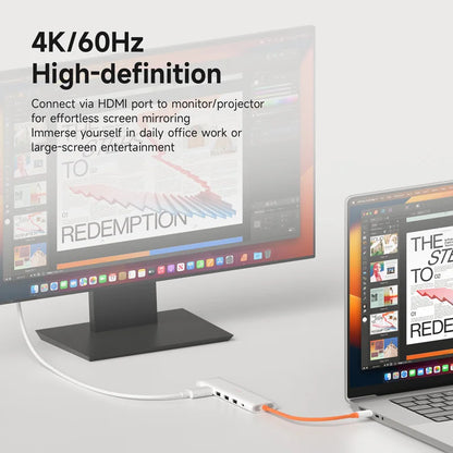 HDMI cable connecting a monitor and laptop with text about 4K/60Hz high-definition display.