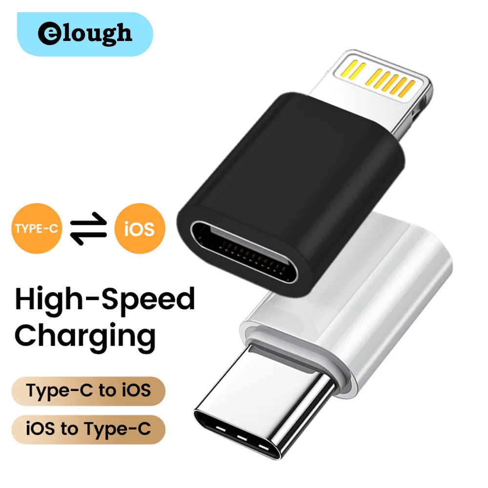 Multi-device charging adapter with Type-C and iOS connectors on a white background, featuring the elough brand.