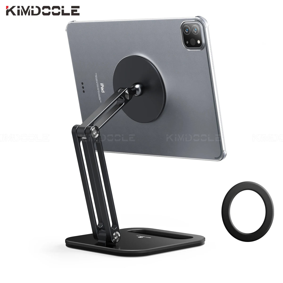 Tablet stand with tablet and ring on a white background, featuring the Kimdoole brand.