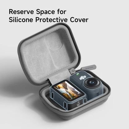 Small electronic device in a gray protective case with text about silicone cover.