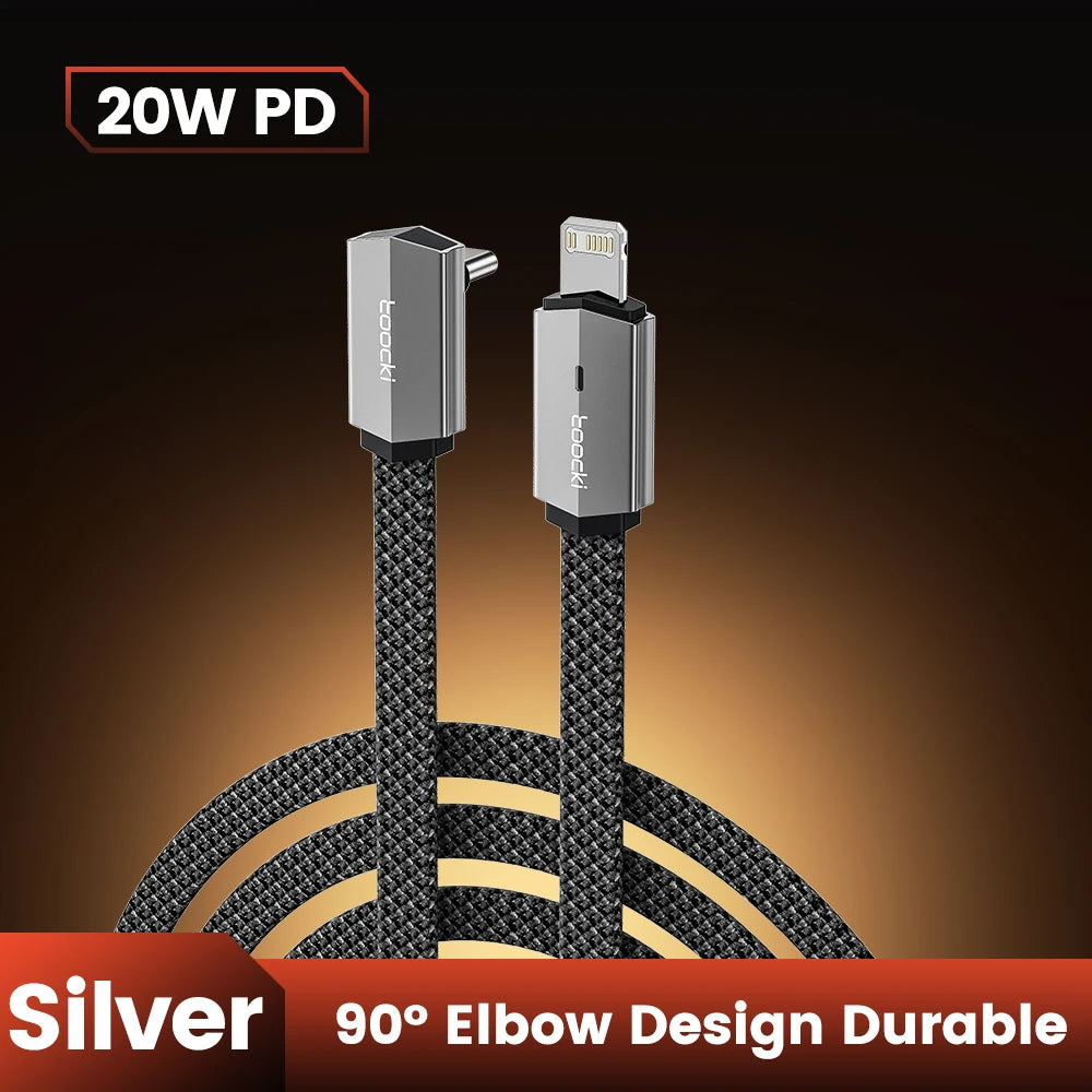Silver 90-degree elbow design cable with text on a dark background