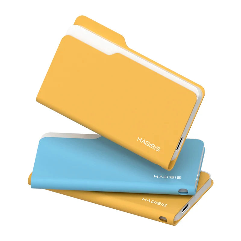 Three power banks in yellow, blue, and orange with 'HAGIBIS' branding on a white background.