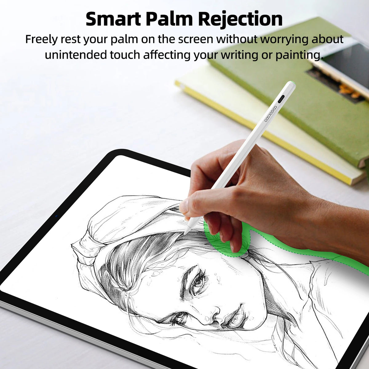 Hand holding a stylus over a digital drawing of a face, with text about smart palm rejection.