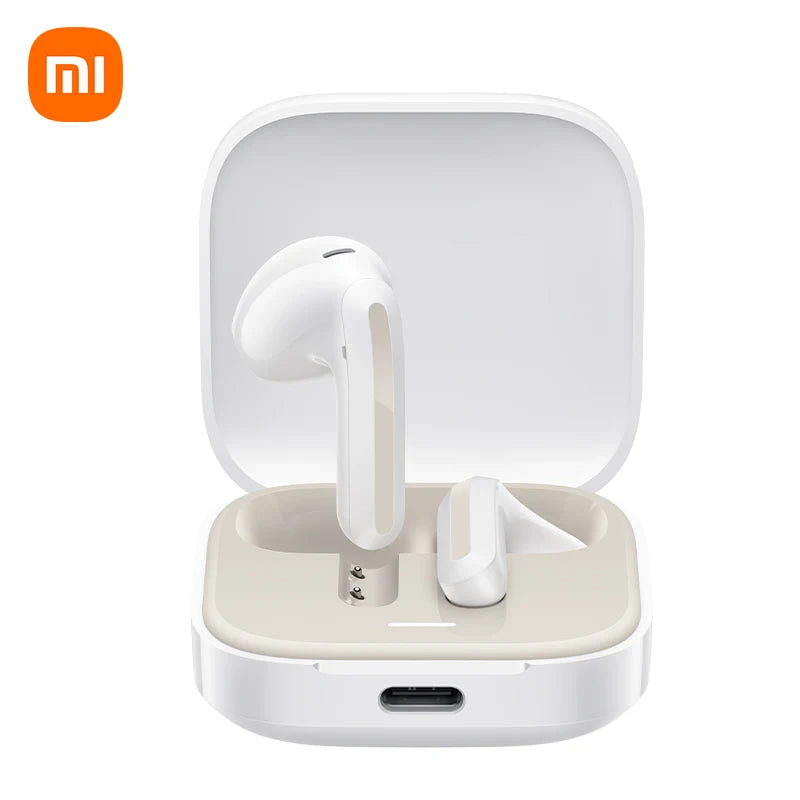 White wireless earbuds in a transparent charging case on a white background with Xiaomi logo.