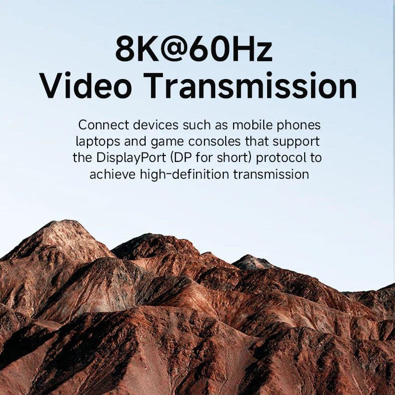 Text about 8K@60Hz video transmission over a mountainous landscape background