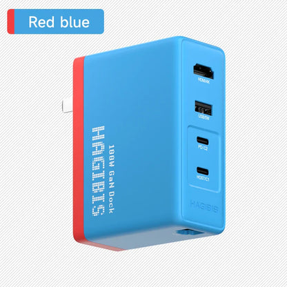Blue and red power adapter with multiple USB ports on a white background