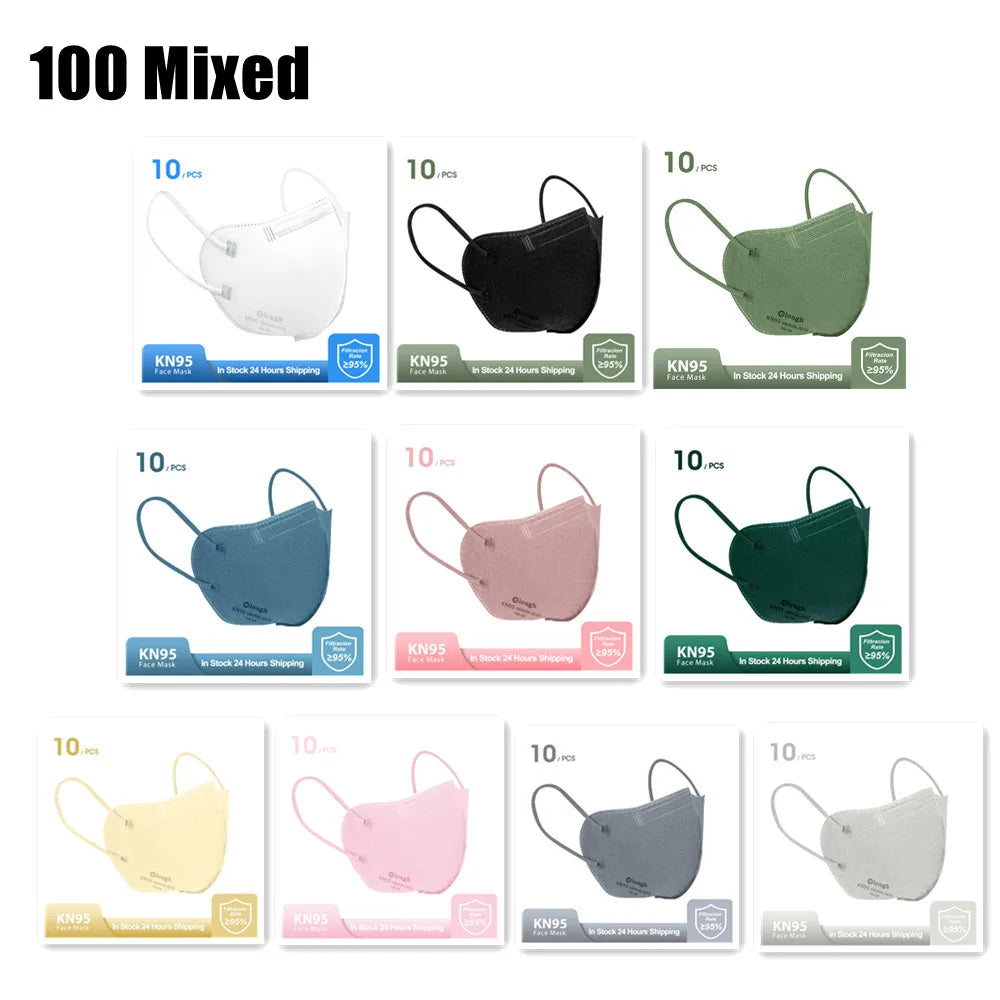 Assorted KN95 face masks in various colors on a white background
