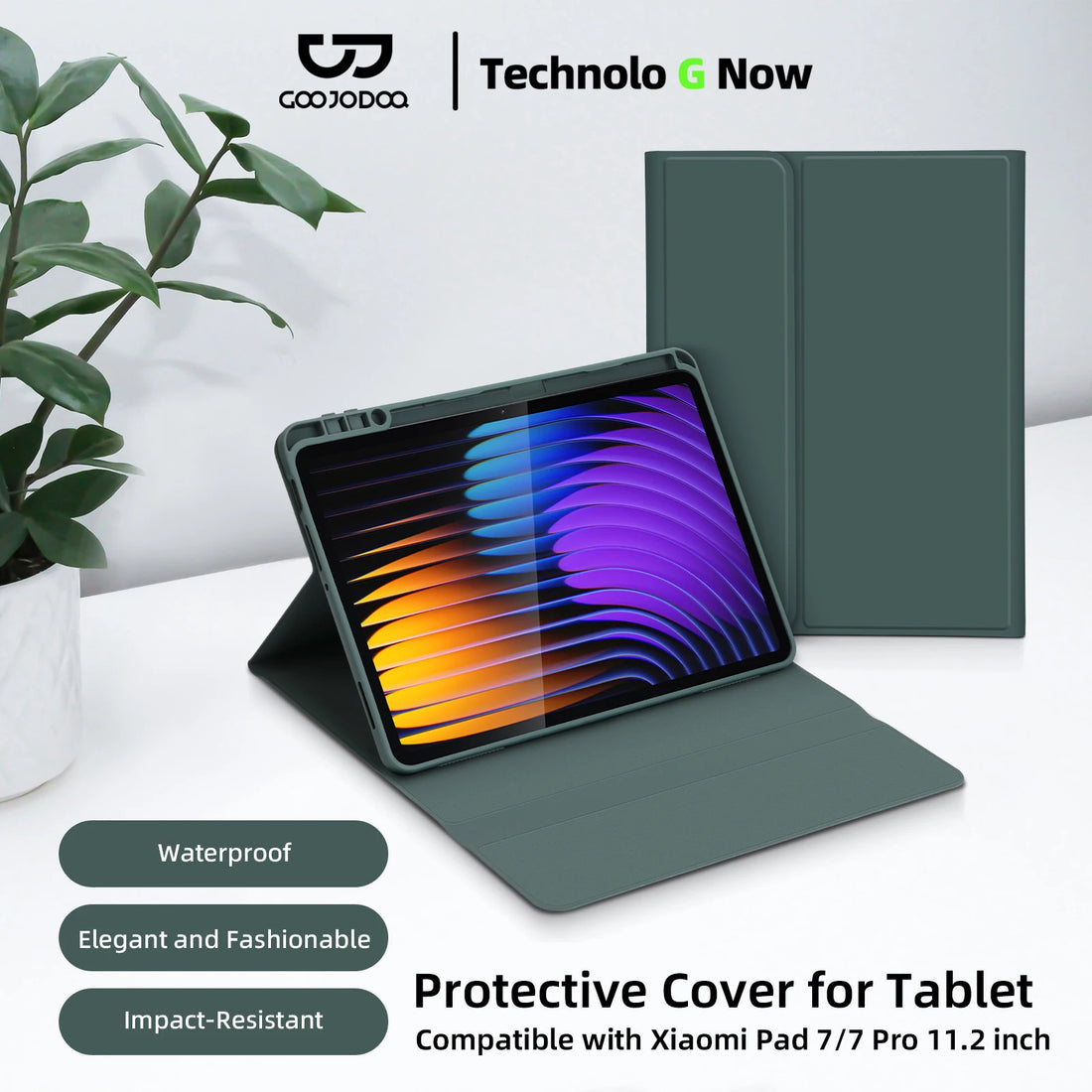 Green protective cover for Xiaomi Pad 7/7 Pro 11.2 inch tablet with 'TechnoLoG Now' branding.