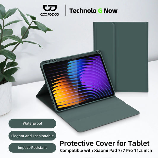 Green protective cover for Xiaomi Pad 7/7 Pro 11.2 inch tablet with 'TechnoLoG Now' branding.
