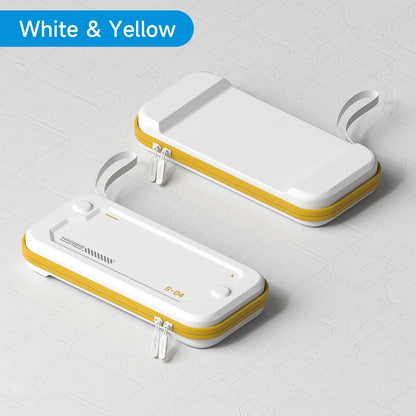White and yellow electronic device cases on a light gray surface with 'White & Yellow' text above.