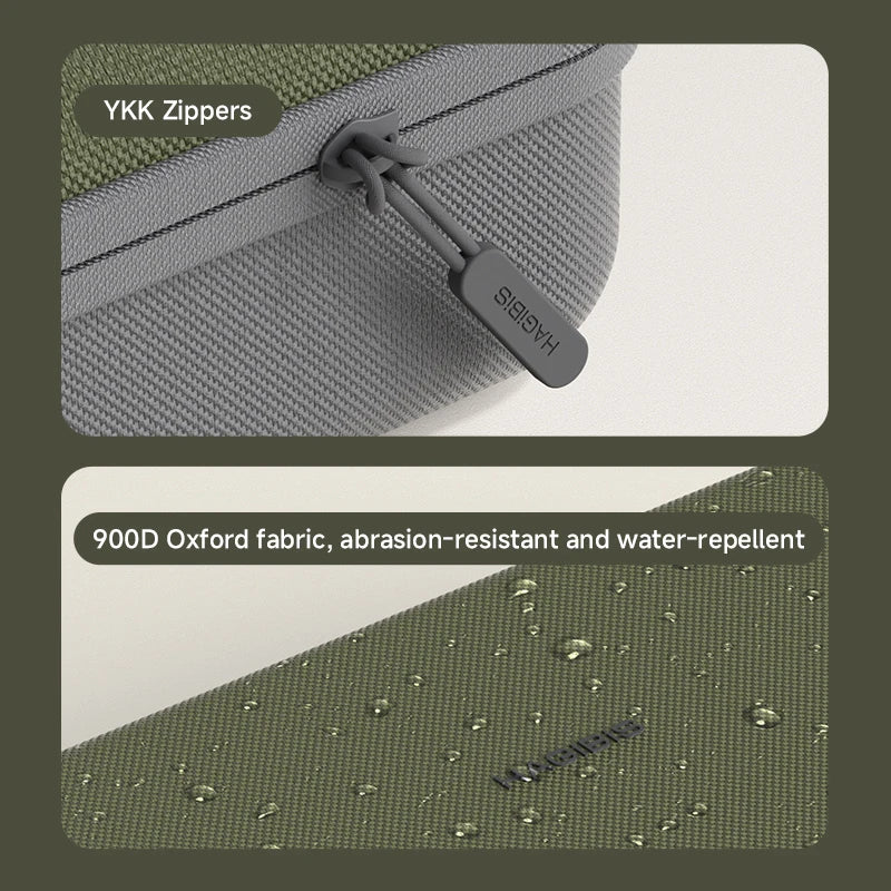 Close-up of YKK zipper on a gray bag with 900D Oxford fabric showing water repellency.