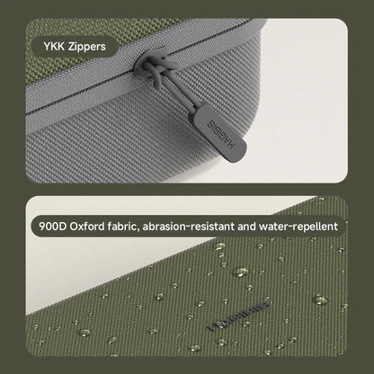 Close-up of YKK zipper on a gray bag with 900D Oxford fabric showing water repellency.