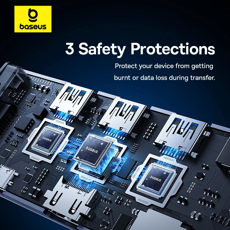 Electronic circuit board with Baseus branding and safety protection features highlighted.