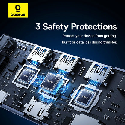 Electronic circuit board with Baseus branding and safety protection features highlighted.