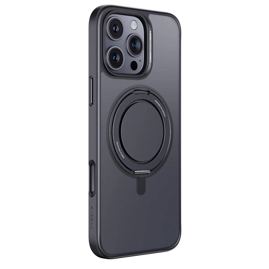 Black phone case with a ring holder on a white background