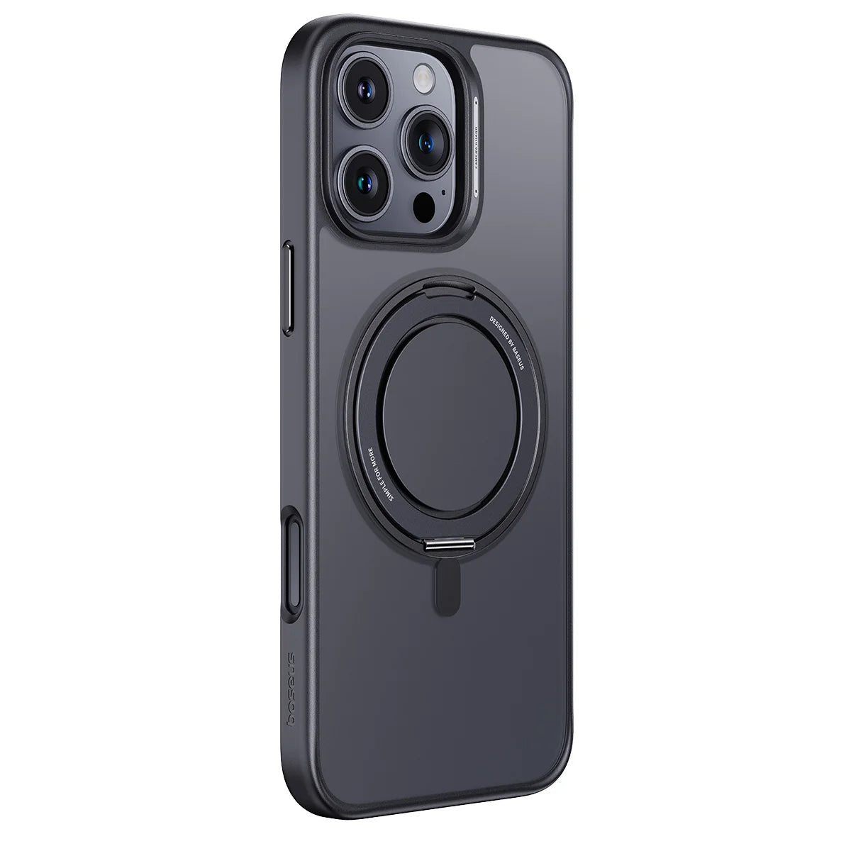 Black phone case with a ring holder on a white background