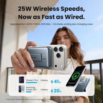 Person holding a smartphone with wireless charging feature, showcasing 25W wireless charging speed.