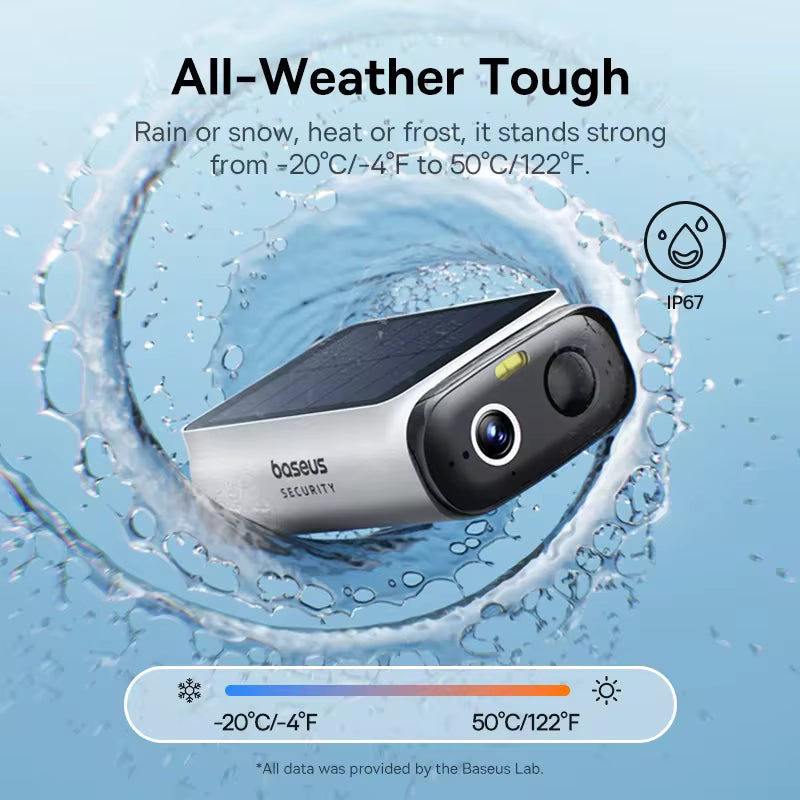 Baseus security camera with water splash graphic and temperature range text on a blue background