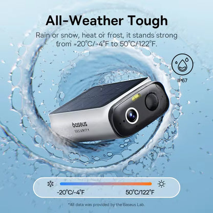 Baseus security camera with water splash graphic and temperature range text on a blue background