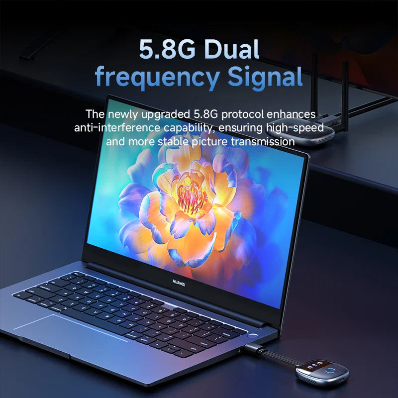 Laptop with a colorful screen displaying a flower design, connected to a USB device on a dark background.