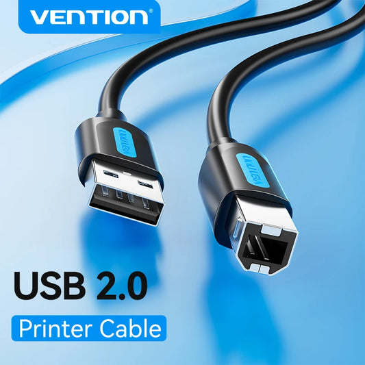 USB 2.0 printer cable with Vention branding on a blue background