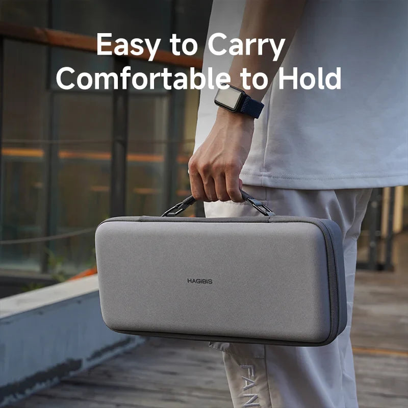 Person holding a gray briefcase with text 'Easy to Carry Comfortable to Hold' in an urban setting.