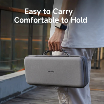 Person holding a gray briefcase with text 'Easy to Carry Comfortable to Hold' in an urban setting.