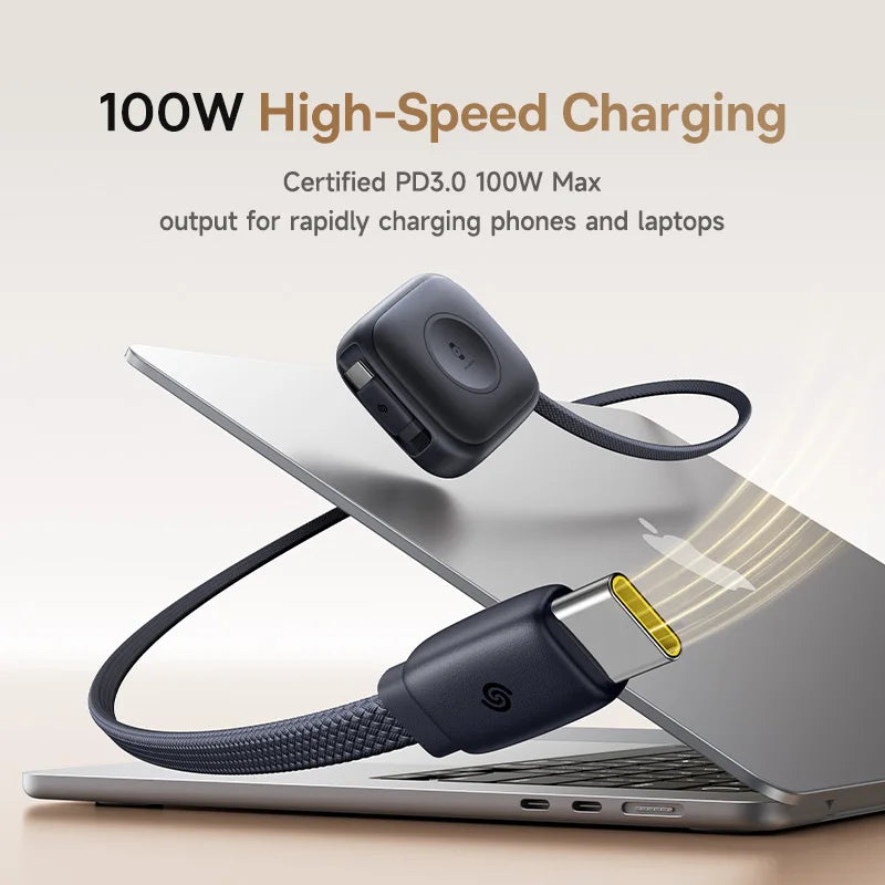 USB-C cable charging a laptop with text about high-speed charging capabilities.