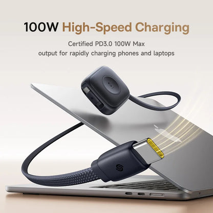 USB-C cable charging a laptop with text about high-speed charging capabilities.