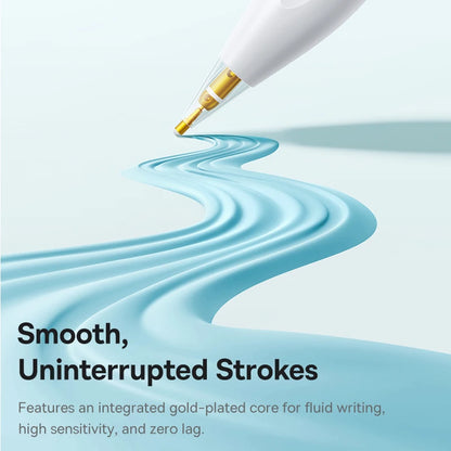 Writing pen with wavy blue lines on a light background, featuring text about smooth strokes.