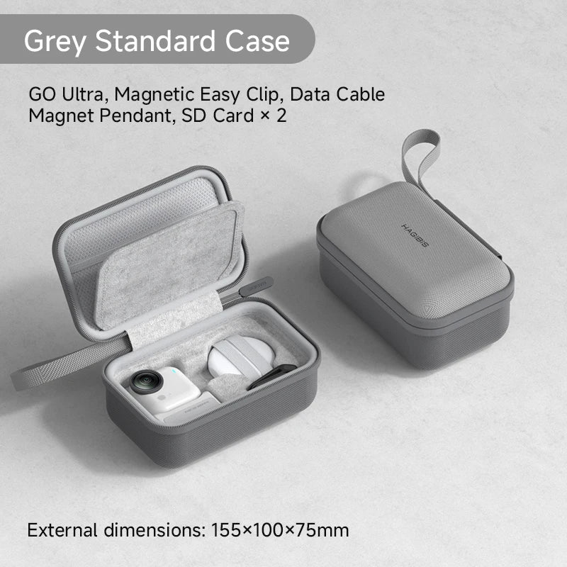 Gray carrying case with electronic devices on a light gray background
