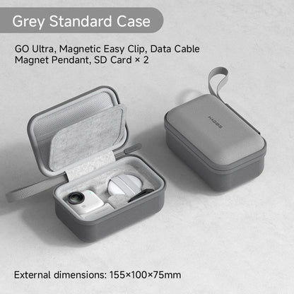 Gray carrying case with electronic devices on a light gray background