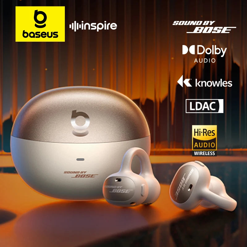 Baseus wireless earbuds with branding and audio technology logos on a dark background