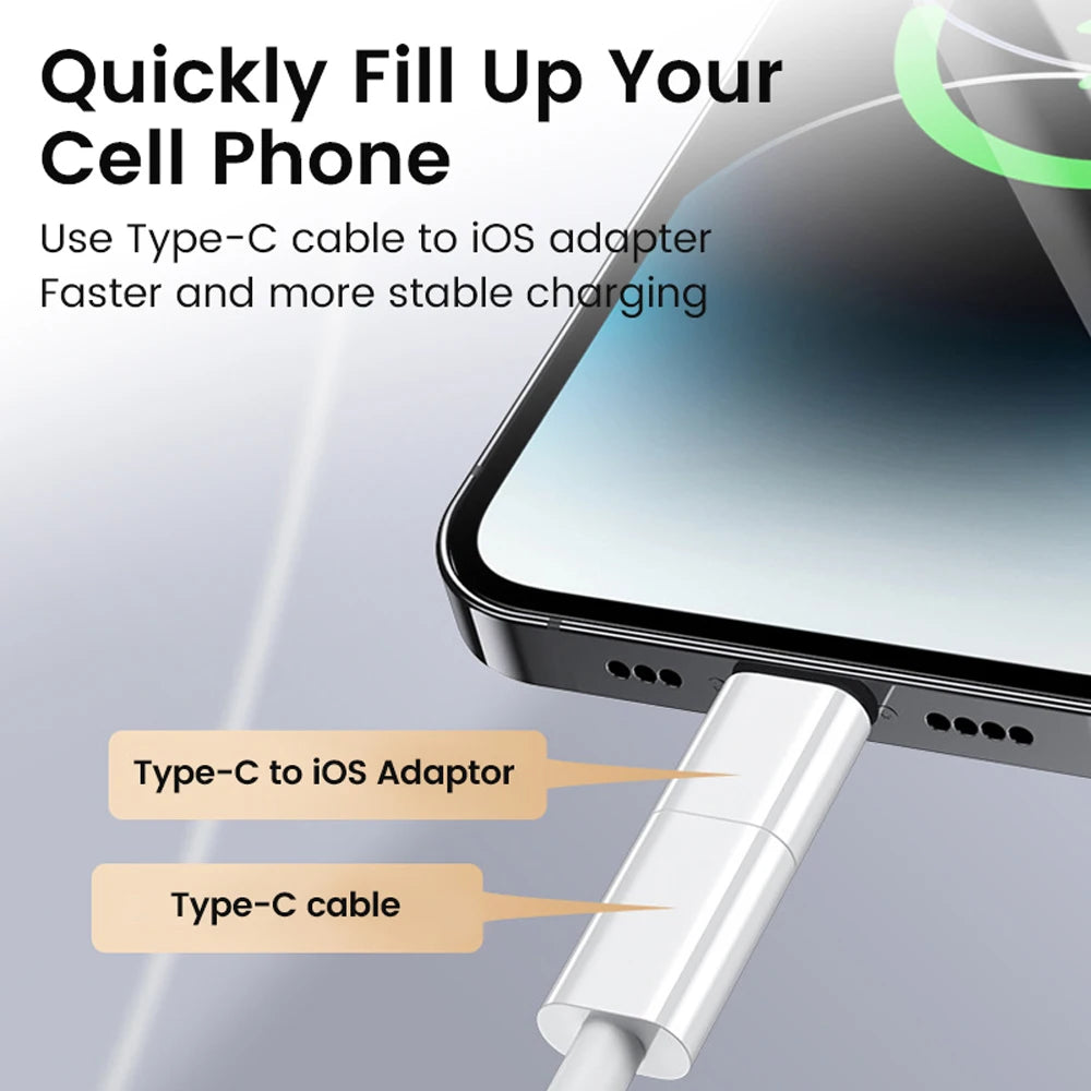 Phone being charged with a Type-C to iOS adapter and cable, on a light gray background.