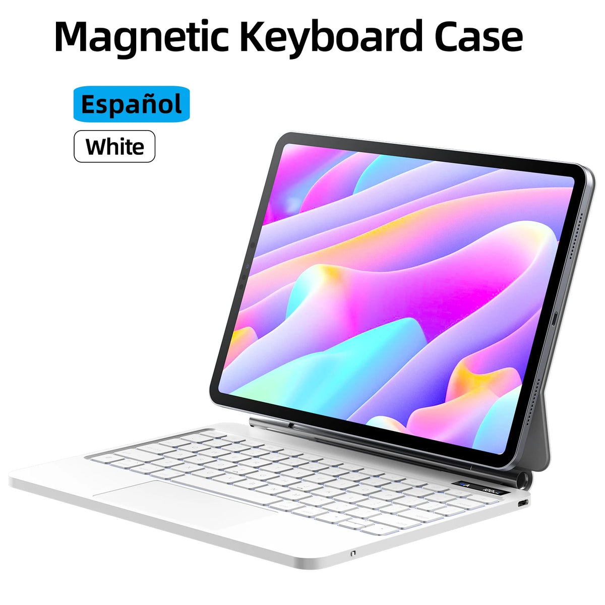 Magnetic keyboard case for a tablet with colorful display on a white background
