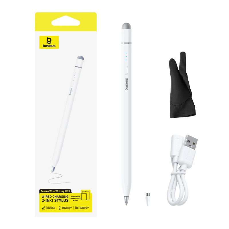 BasAcc 2-in-1 stylus with packaging, black glove, and USB cable on a white background