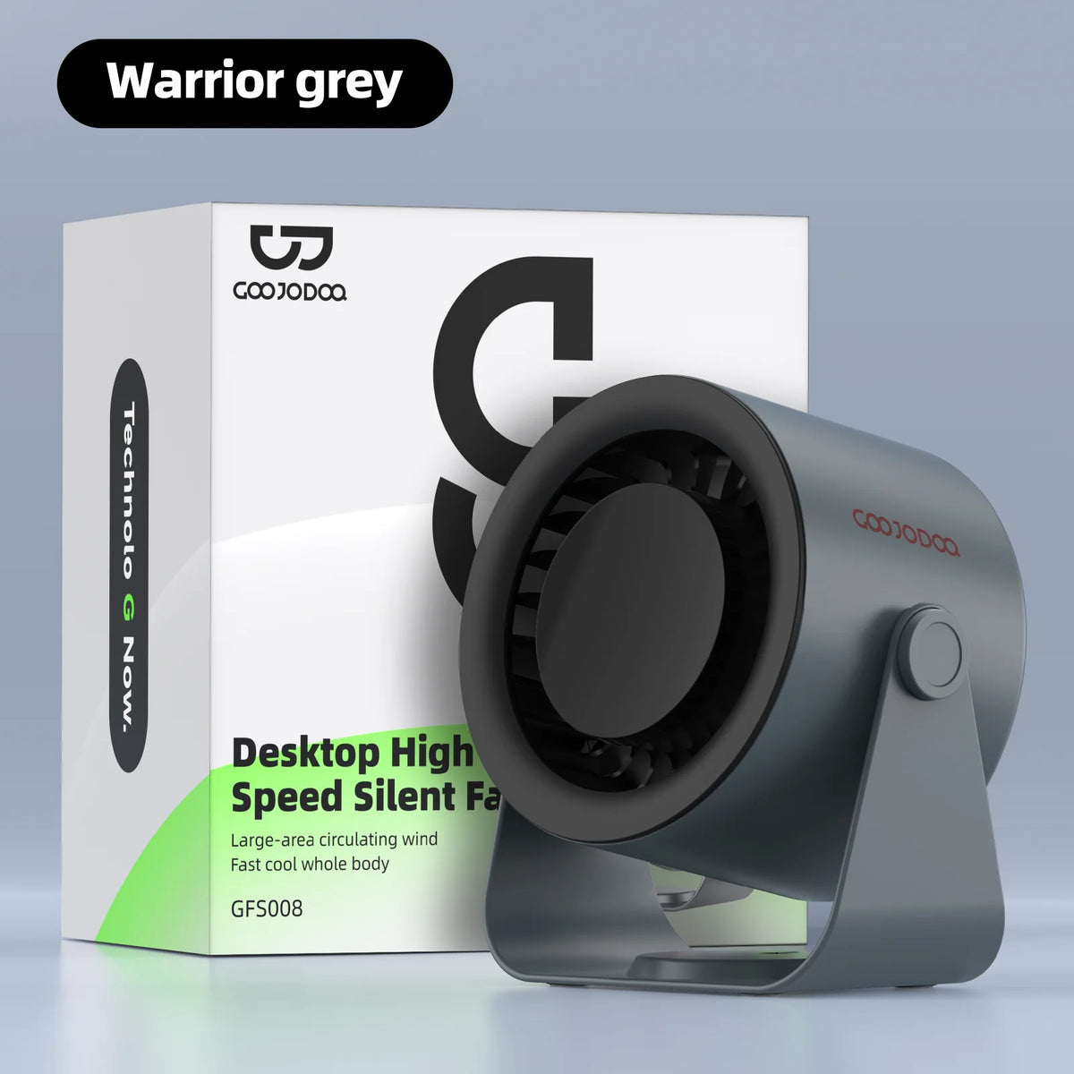 Gray desktop fan with packaging labeled 'Warrior grey' on a light gray background