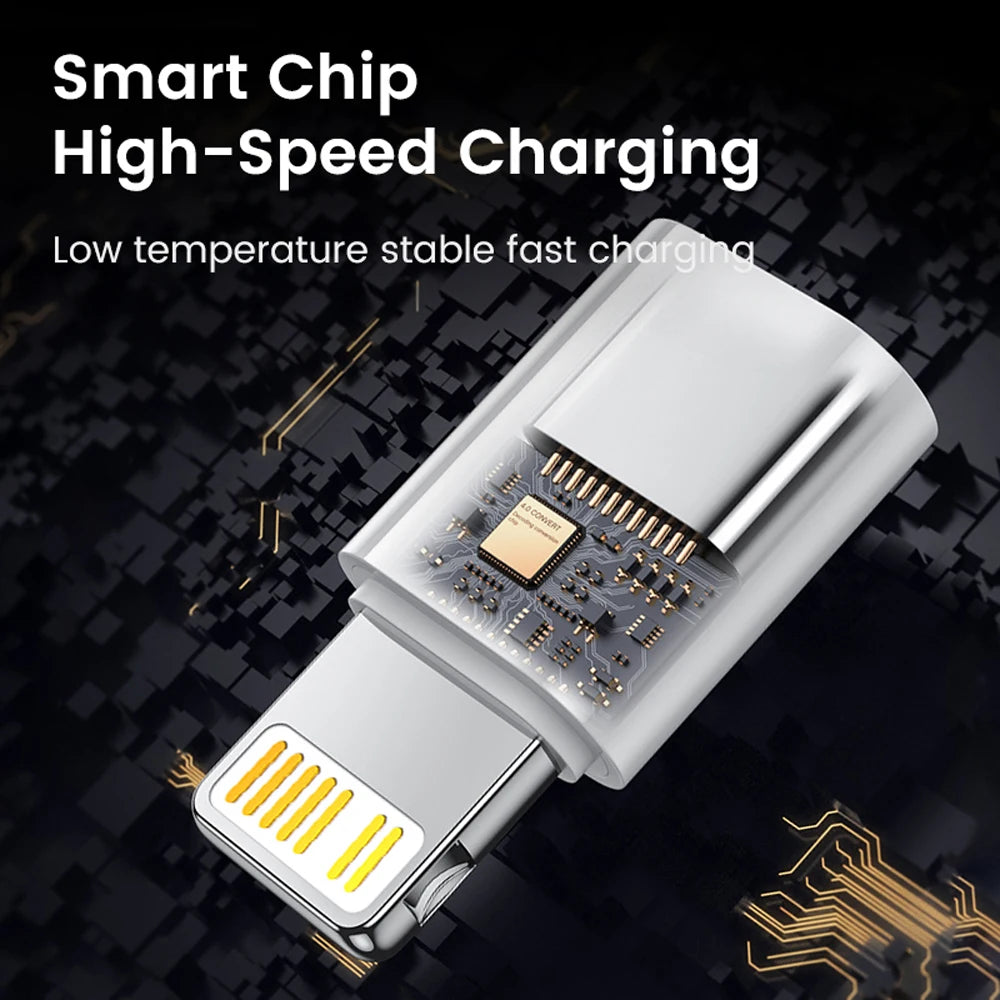 Smart charging cable with a visible chip on a dark background
