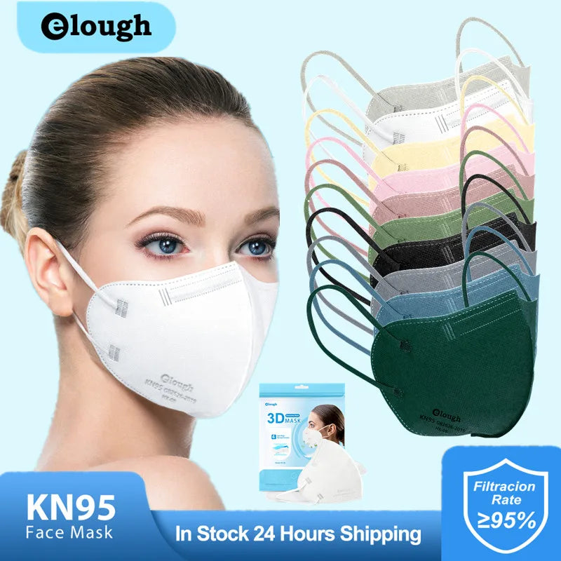 Woman wearing a KN95 face mask with colorful masks stacked on a blue background, featuring the brand 'elough'.
