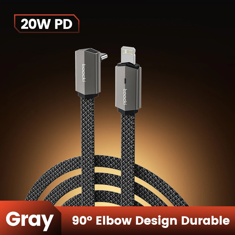 Gray braided cable with 90-degree elbow design on a dark background