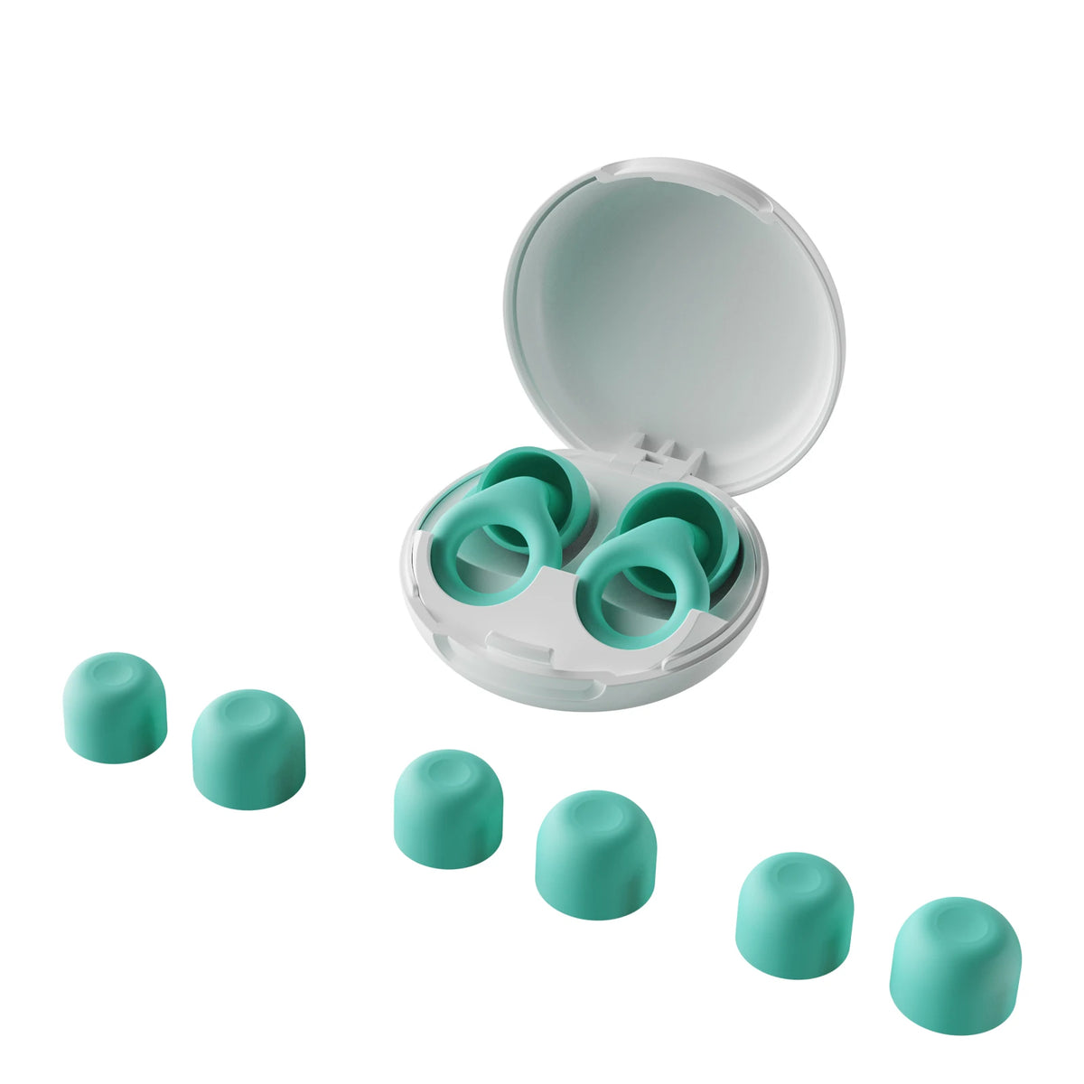 Teal earbud tips in a white case on a white background