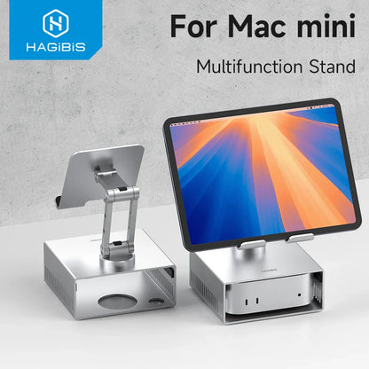 Multifunction stand for Mac mini with Hagibis branding on a gray background