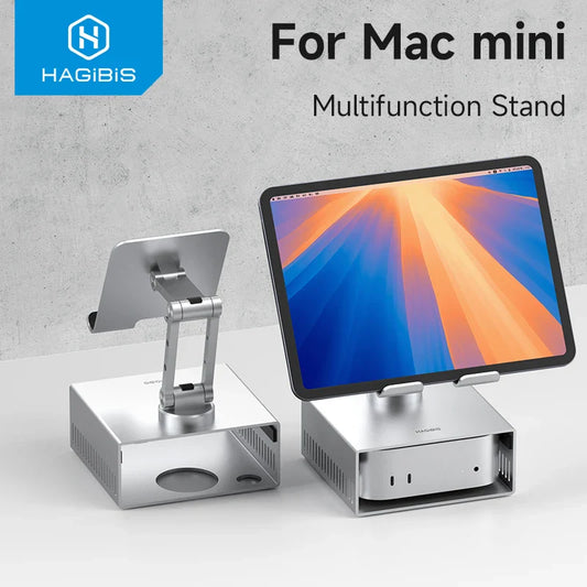 Multifunction stand for Mac mini with Hagibis branding on a gray background
