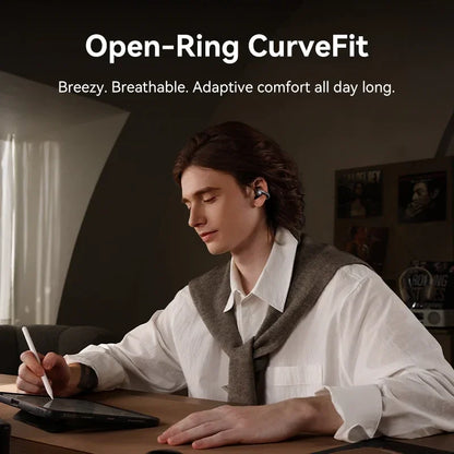 Person wearing earbuds with 'Open-Ring CurveFit' text and description.