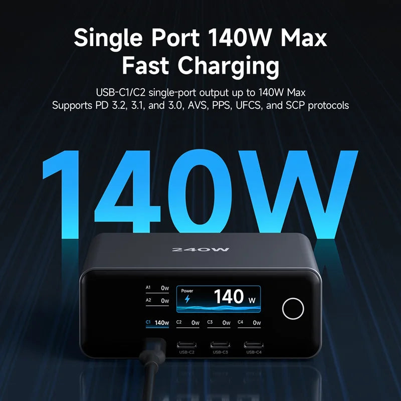 140W fast charging device with text on a dark background