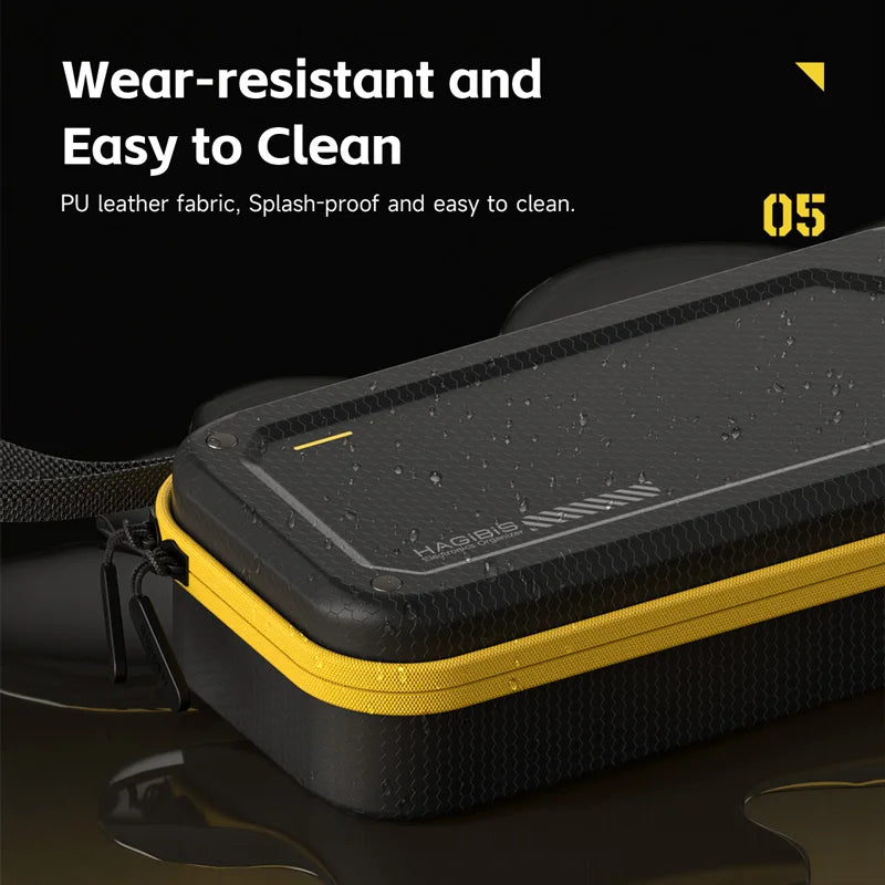 Black and yellow phone case with text highlighting wear-resistance and ease of cleaning.