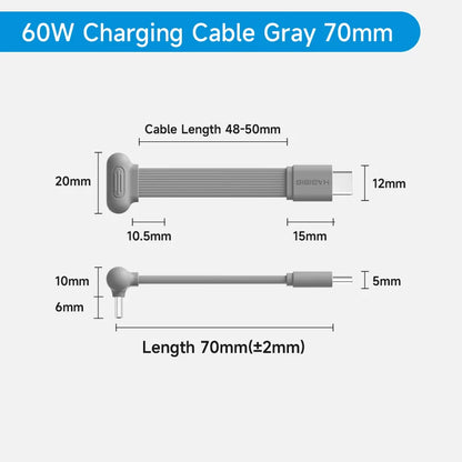 60W charging cable gray 70mm with measurements on a white background