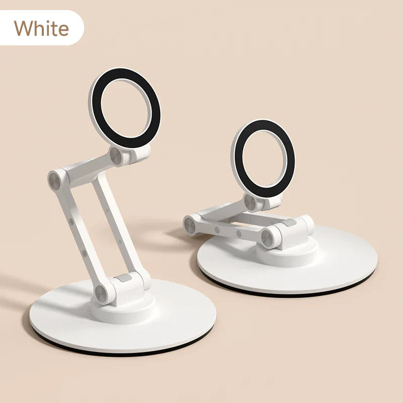 Two white phone holders with black rings on a beige background