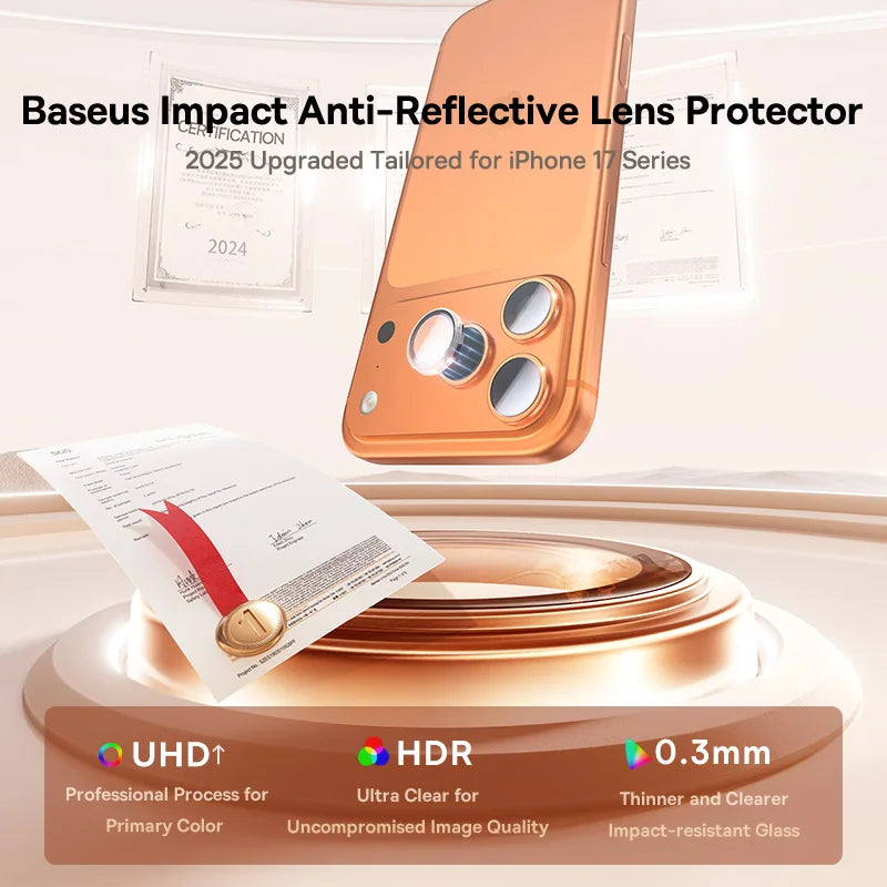 Baseus Impact Anti-Reflective Lens Protector for iPhone 17 Series with certification and product details.